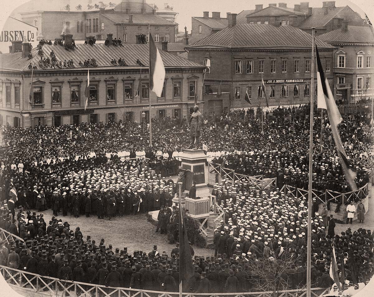 Helsinki. Meeting on city square with monument, circa 1900