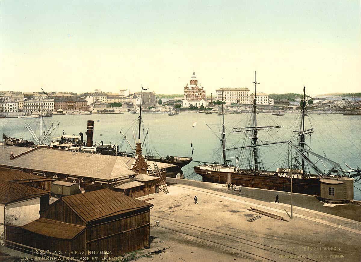 Helsinki (Helsingfors). Harbor and Russian Cathedral in the background, circa 1890